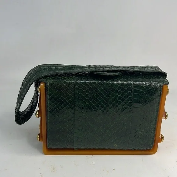 Emerald Green Snakeskin and Caramel Bakelite Geometric Tiered Handbag - Picture 9 of 16